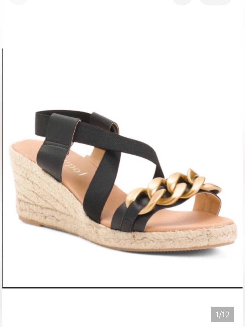 May Pol Womens Espadrille Wedge Ankle Strap Black Chunky Gold Tone Chain Sandlal